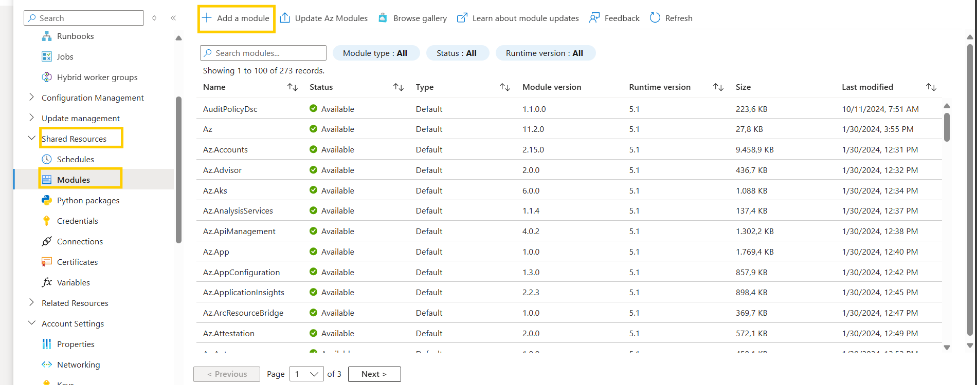 Ansicht Module in Azure Automation