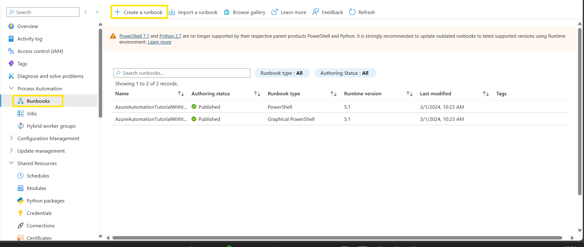 Ansicht Runbooks in Azure Automation