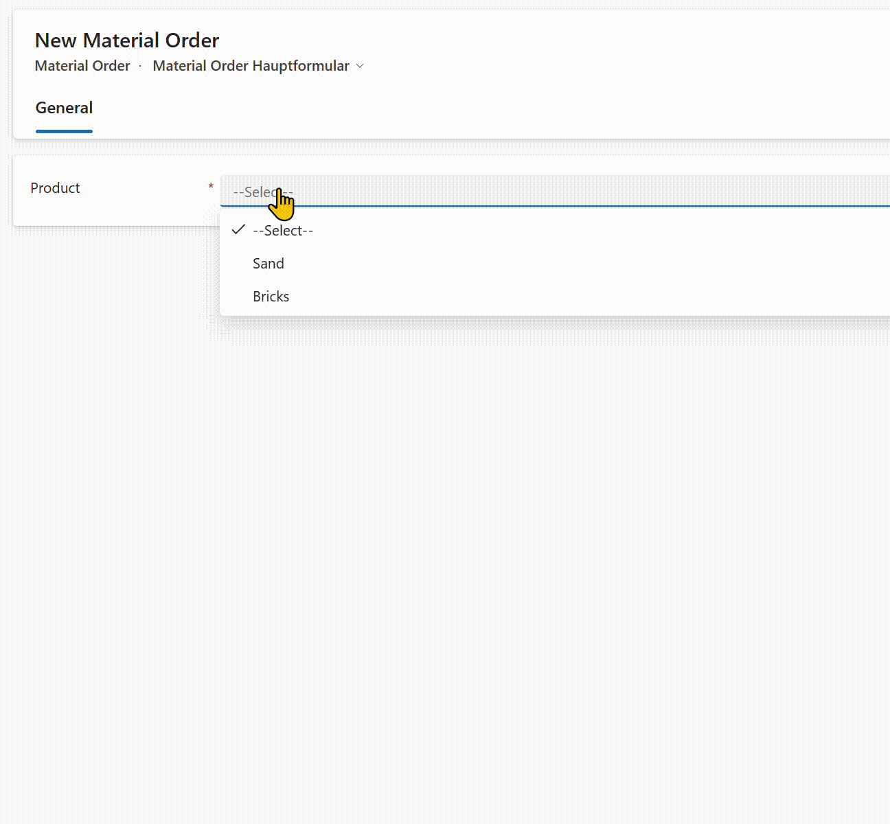 Example of a material order form with hidden sections appearing on attribute visibility change