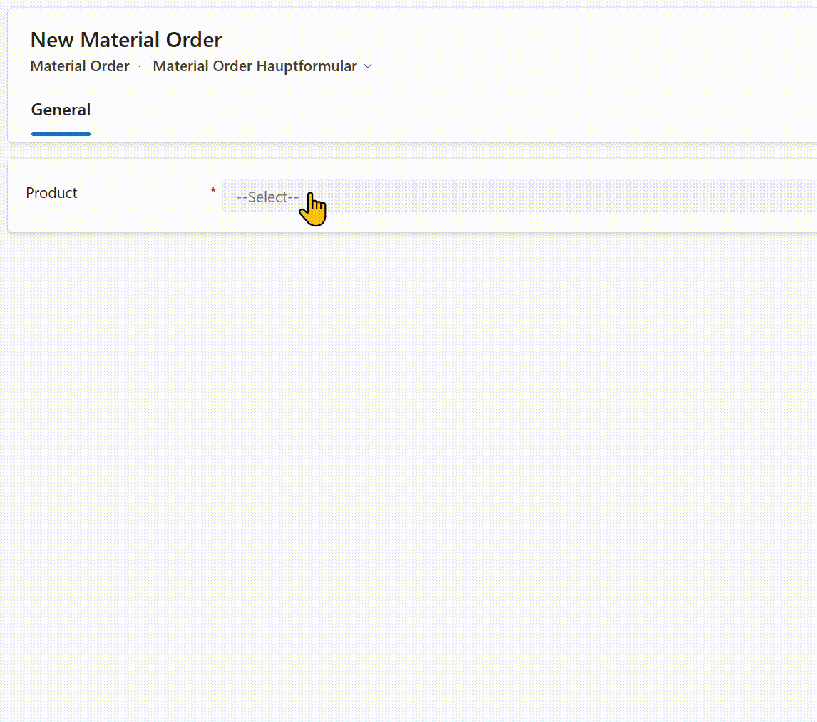 Example of a material order form with hidden sections remaining hidden on attribute visibility change