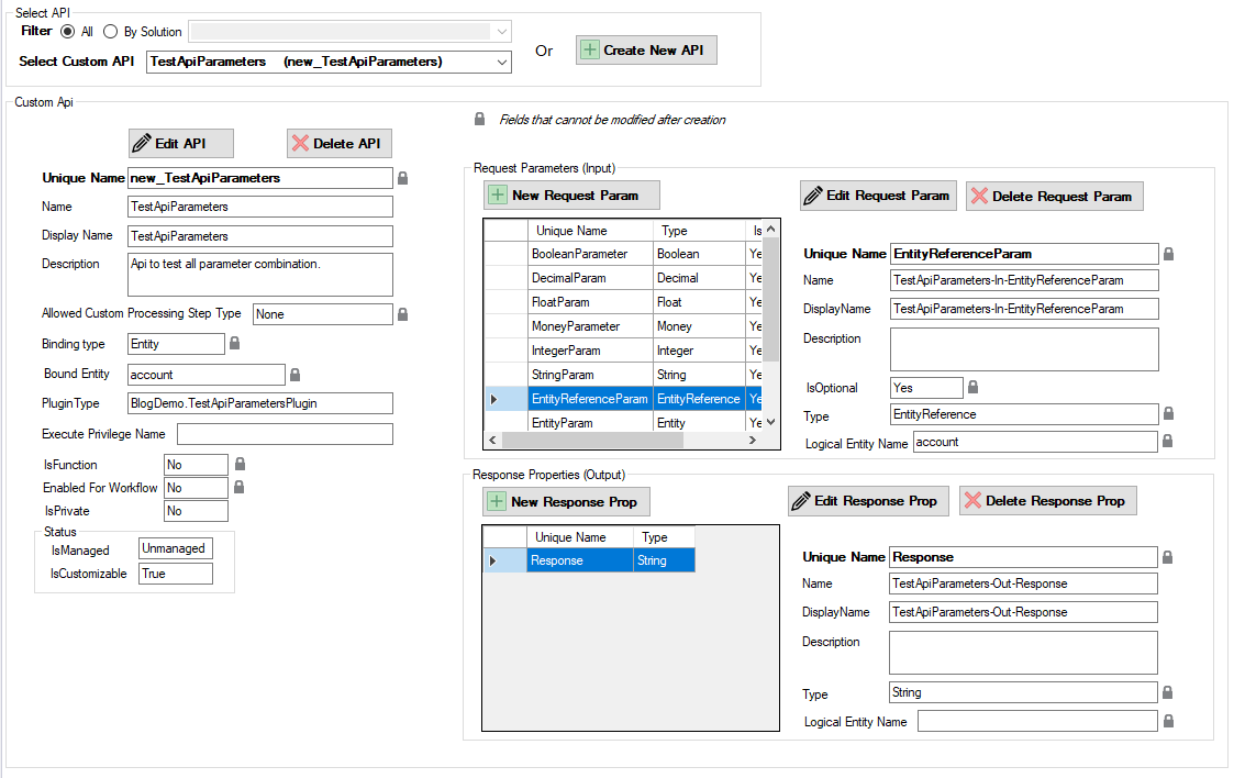 Custom API featuring all input parameter types available